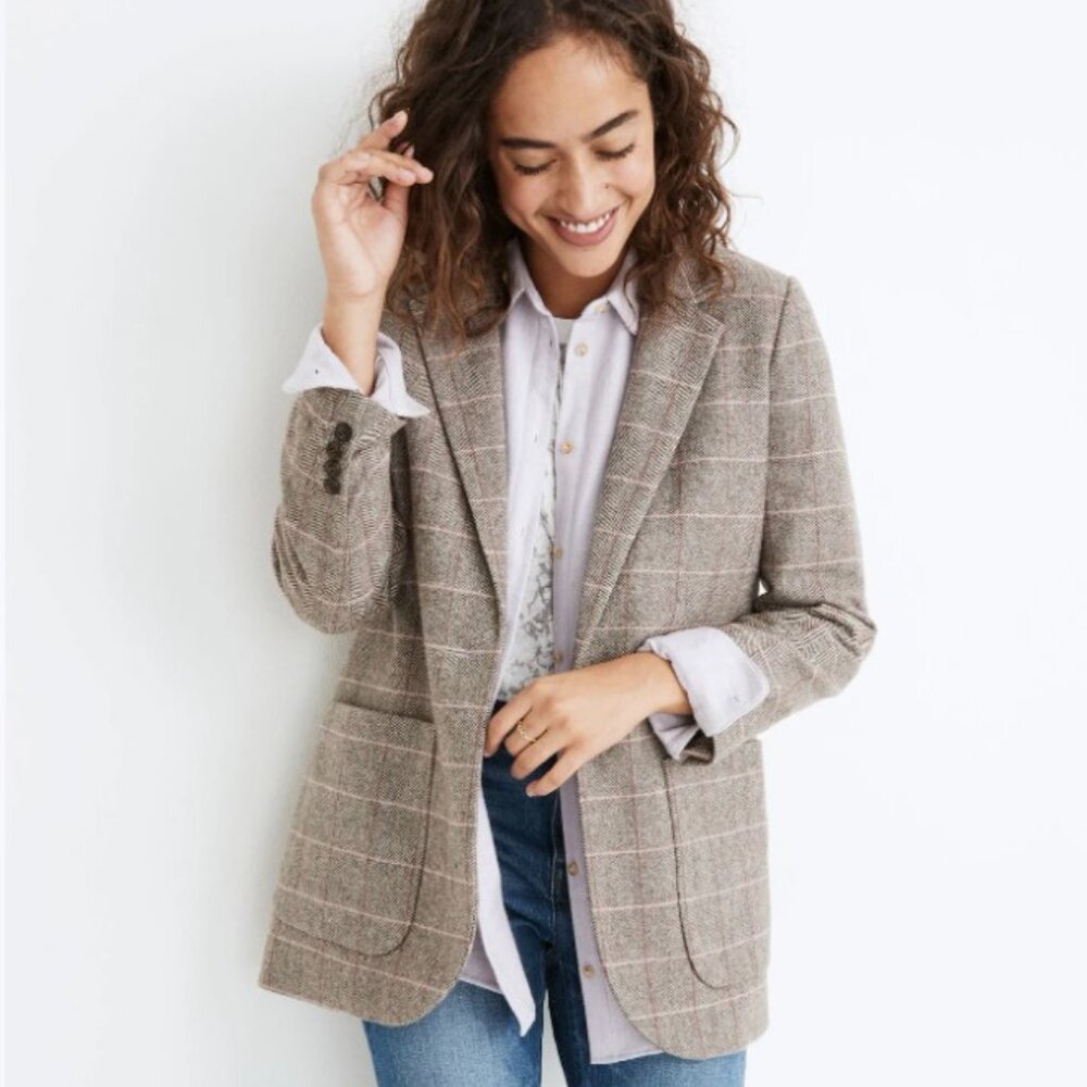NWT Madewell small Larsen Herringbone plaid wool blend blazer brown tan pink